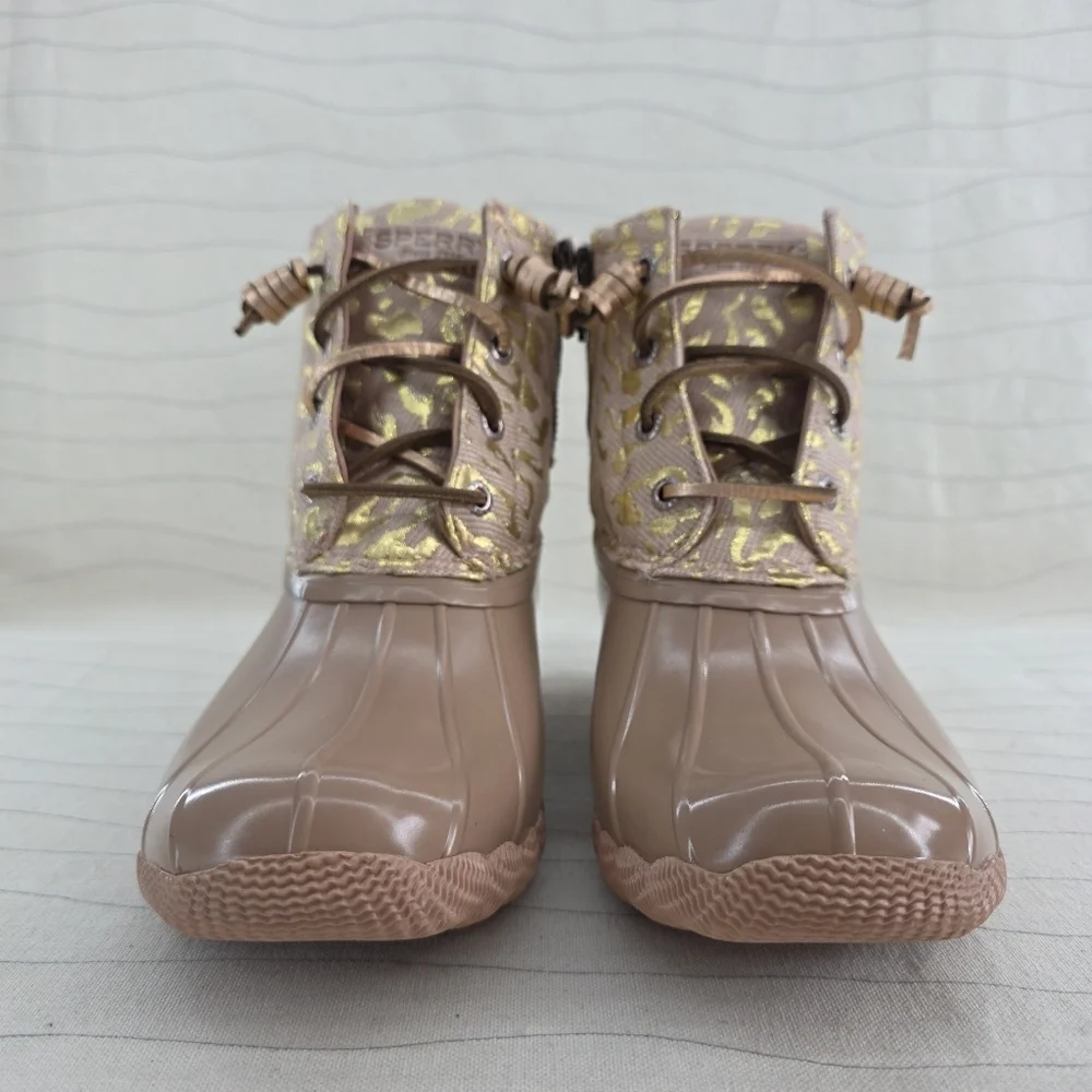 Sperry Womens Top-Sider Saltwater Duck Boots Salmon Gold Leopard Side Zip Sz 6.5